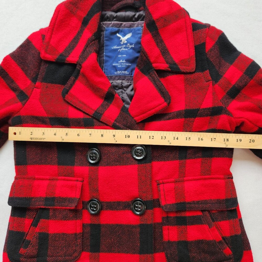 American Eagle Red Black Plaid Wool Peacoat Fall Winter Preppy Cabincore Cozy - Picture 11 of 11